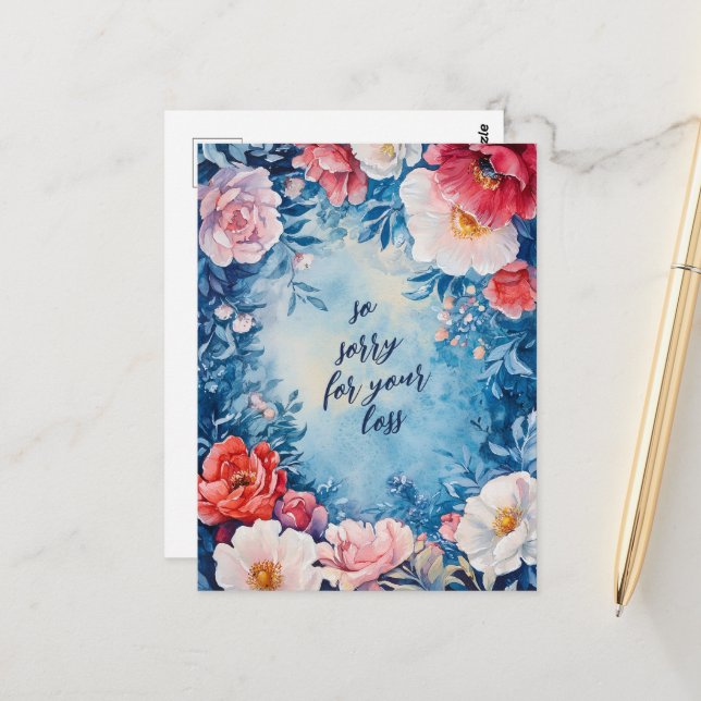 Blommigt Ram SORRY FOR LOSS ANPASSNINGSBAR Condolm Vykort (Fram/Back In Situ)
