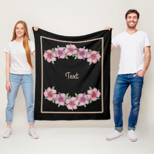 Blommigt ram tecknad blommor beige gräns svart b fleecefilt