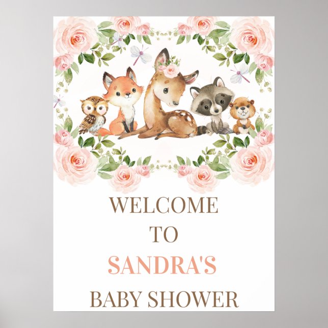 Blommigt Ram Woodland Baby Shower Välkomstskylt Poster (Framsidan)