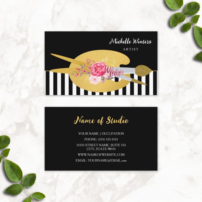 Blommigt Rand Artist med Faux Guld-färgpensel Visitkort (Floral Stripes Artist With Faux Gold Paint Brush Business Cards)