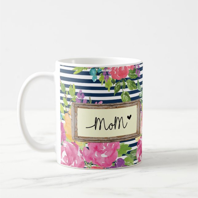 Blommigt Rand design med Mamma-meddelanden och -bl Kaffemugg (Vänster)