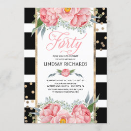 Blommigt Rand Modern Guld Decor 40 Födelsedagsfest Inbjudningar