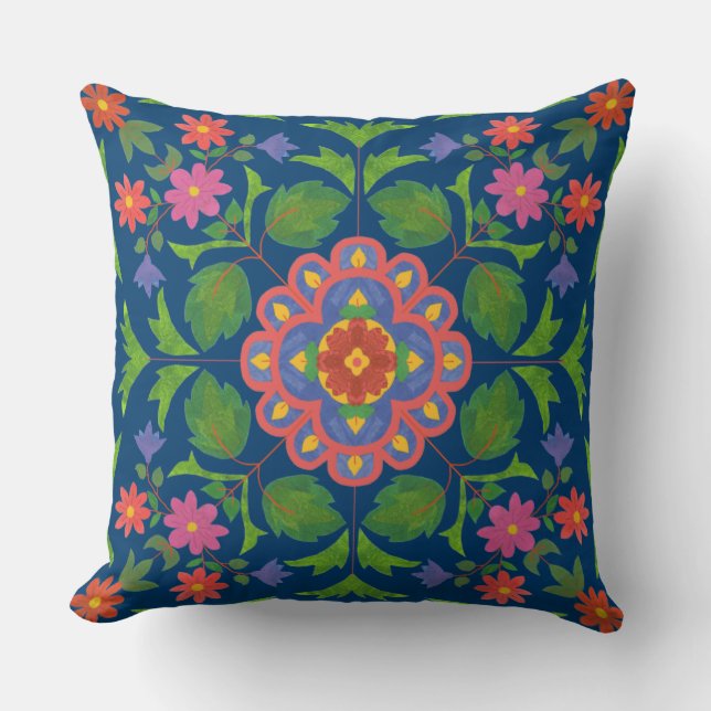 Blommigt Rangoli Mönster Deep Blue Pillow eller Cu Kudde (Framsida)