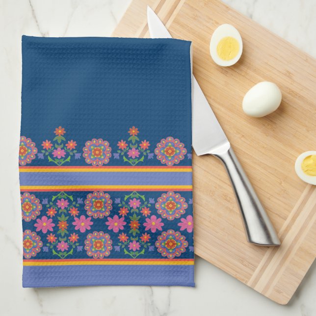 Blommigt Rangoli Mönster Gräns, Blue Kitchen Towel Kökshandduk (Vikt i Fjärdedel)