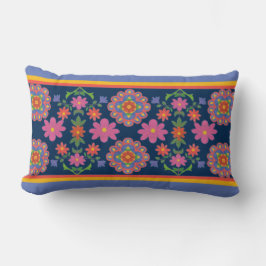 Blommigt Rangoli Mönster Gräns, Blue Lumbar Pillow Lumbarkudde