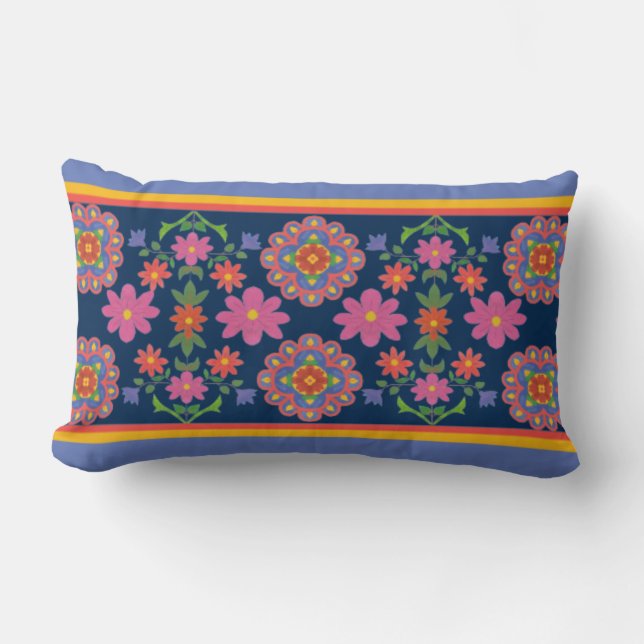 Blommigt Rangoli Mönster Gräns, Blue Lumbar Pillow Lumbarkudde (Framsida)