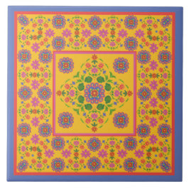 Blommigt Rangoli Mönster Gräns, Gult Ceramic Tile Kakelplatta