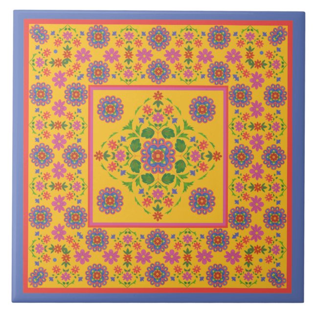 Blommigt Rangoli Mönster Gräns, Gult Ceramic Tile Kakelplatta (Framsidan)