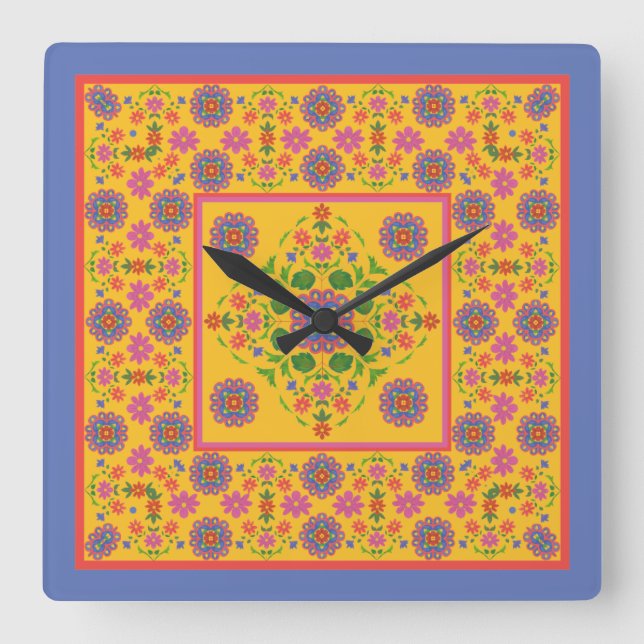 Blommigt Rangoli Mönster Gräns om Gult Wall Clock Fyrkantig Klocka (Framsida)