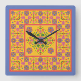 Blommigt Rangoli Mönster Gräns om Gult Wall Clock Fyrkantig Klocka