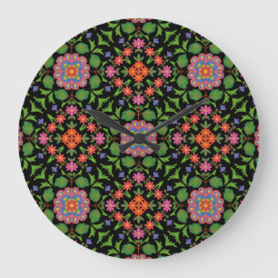 Blommigt Rangoli Mönster på Black Acrylic Wall Clo Stor Klocka