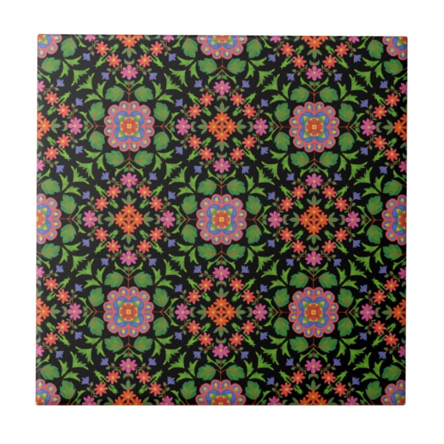 Blommigt Rangoli Mönster på Black Ceramic Tile Kakelplatta (Framsidan)