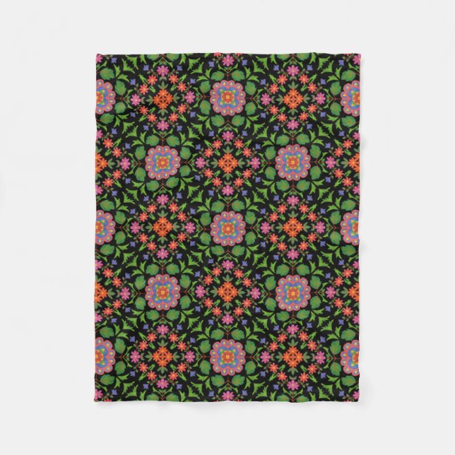 Blommigt Rangoli Mönster på Black Fleece Blanket (Framsidan)