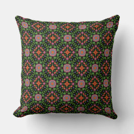 Blommigt Rangoli Mönster på Black Pillow eller Cus Kudde