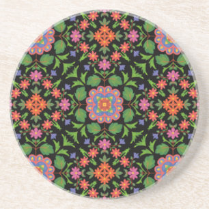 Blommigt Rangoli Mönster på Black Sandstone Underl Underlägg Sandsten