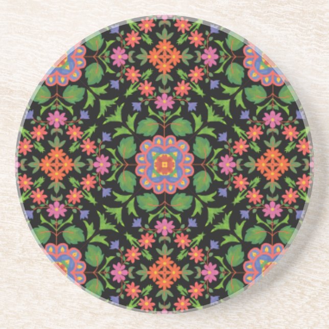Blommigt Rangoli Mönster på Black Sandstone Underl Underlägg Sandsten (Framsidan)