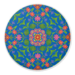 Blommigt Rangoli Mönster på Blue Ceramic Knob Knopp