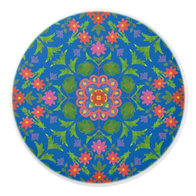 Blommigt Rangoli Mönster på Blue Ceramic Knob Knopp (Framsidan)