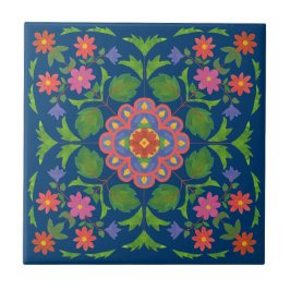 Blommigt Rangoli Mönster på Blue Ceramic Tile Kakelplatta