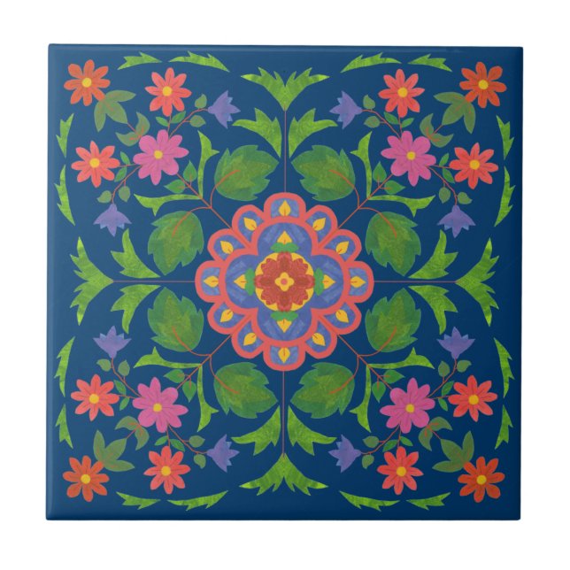 Blommigt Rangoli Mönster på Blue Ceramic Tile Kakelplatta (Framsidan)