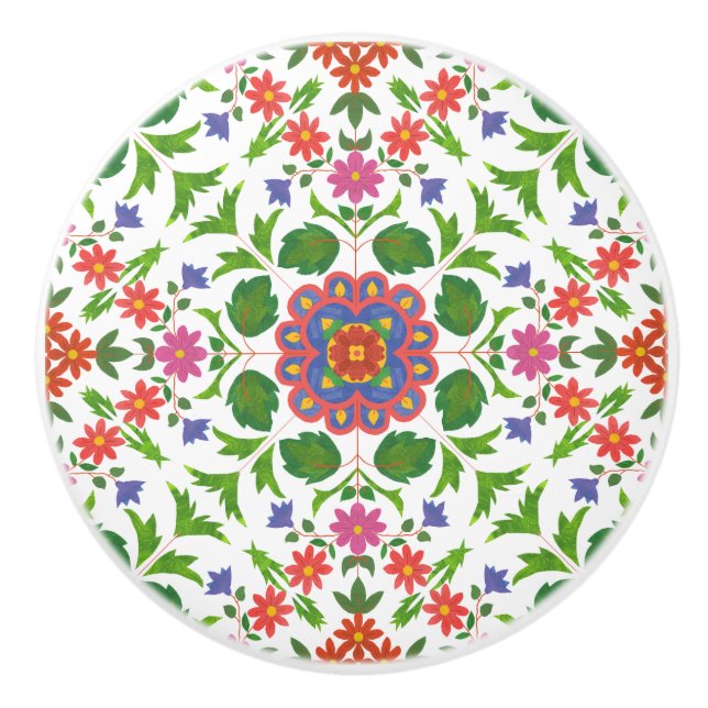 Blommigt Rangoli Mönster på vit keramisk knopp (Framsidan)