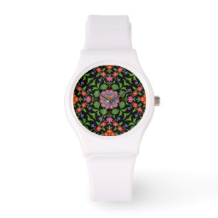 Blommigt Rangoli på Black White Sporty Wristwatch Armbandsur