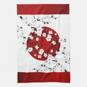 Blommigt Red and White Cherry Blommars Stigning So Kökshandduk
