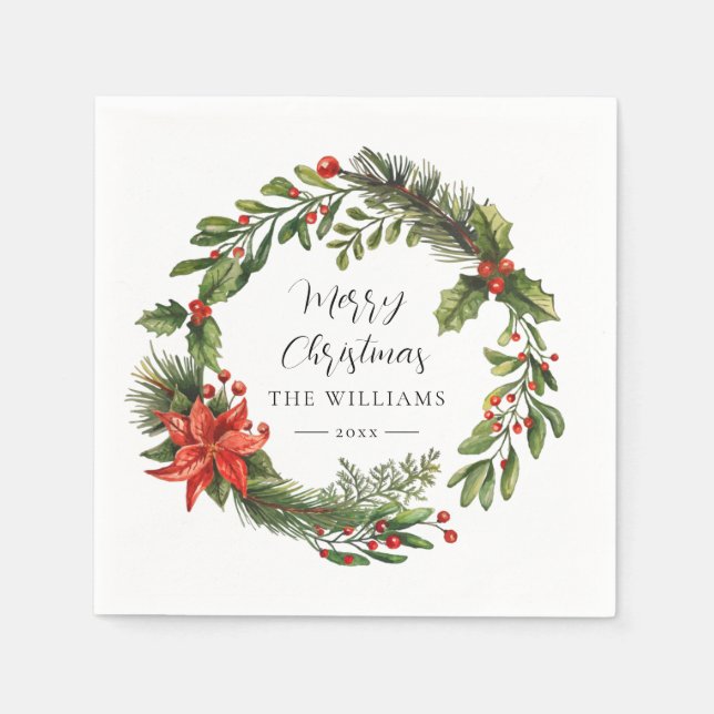 Blommigt Red Berries Greenery Family jul Party Pappersservett (Framsidan)