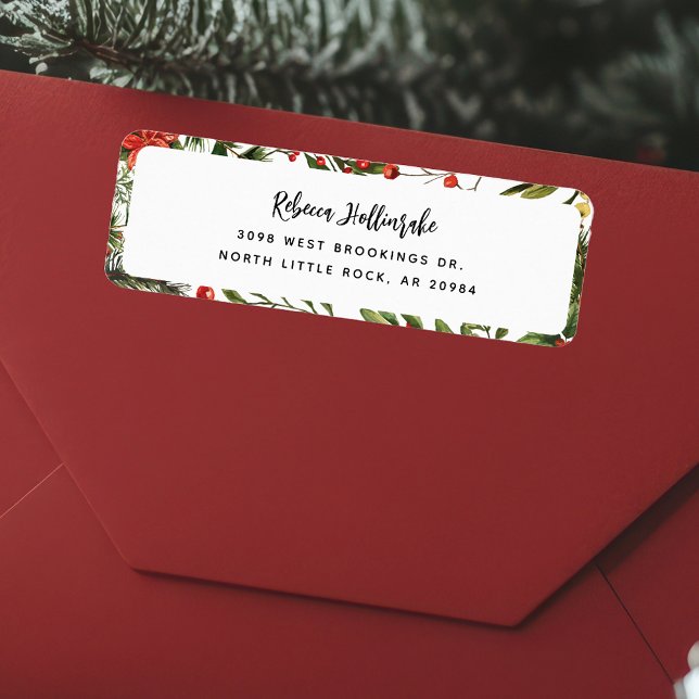Blommigt Red Berries Greenery Family Returadress Etikett (Christmas Holidays Botanical Red Berries Return Address Label)