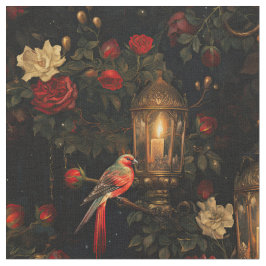 Blommigt Red Birds and Lanterns on Black Tyg