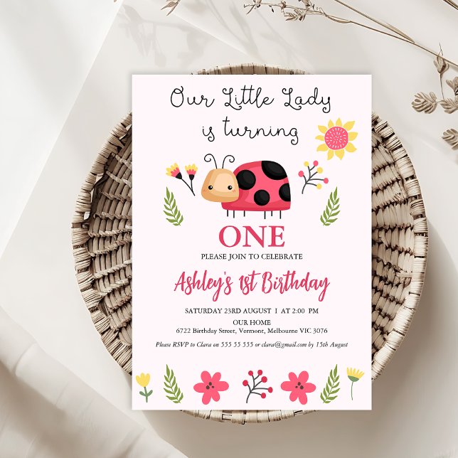 Blommigt Red Black Vår lilla Ladybug 1:a födelseda Inbjudningar (Little Lady Ladybug 1st Birthday Invitation Template Cute, Floral Ladybug Birthday Invitation, Pink)