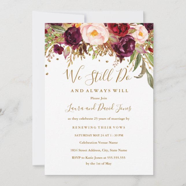 Blommigt Red Burgundy Vow Renewal Inbjudningar (Framsida)