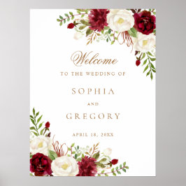 Blommigt Red Burgundy White Elegant bröllop Sign Poster