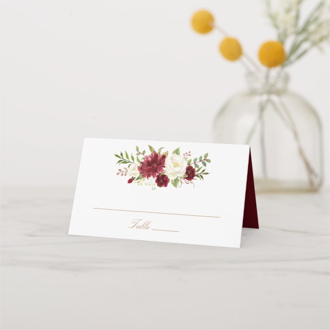 Blommigt Red Burgundy White Elegant Place Card Placeringskort (Framsida)