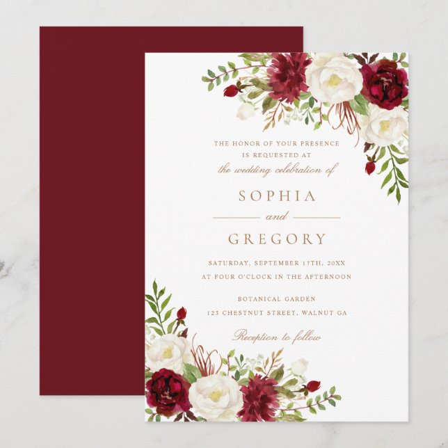 Blommigt Red Burgundy White Modern Elegant bröllop Inbjudningar (Fram/baksida)