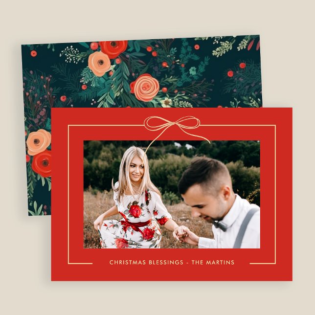 Blommigt Red Festive Bow Framed Photo Jul Julkort (Skapare uppladdad)