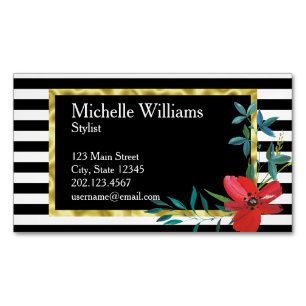 Blommigt Red Flowers Black White Rand Guld Gräns Visitkortmagnet