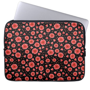 Blommigt Red Flowers Mönster med svart bakgrund Laptop Fodral