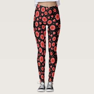 Blommigt Red Flowers Mönster med svart bakgrund Leggings