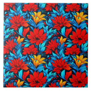 Blommigt Red gula blommor Mönster-13075 Kakelplatta