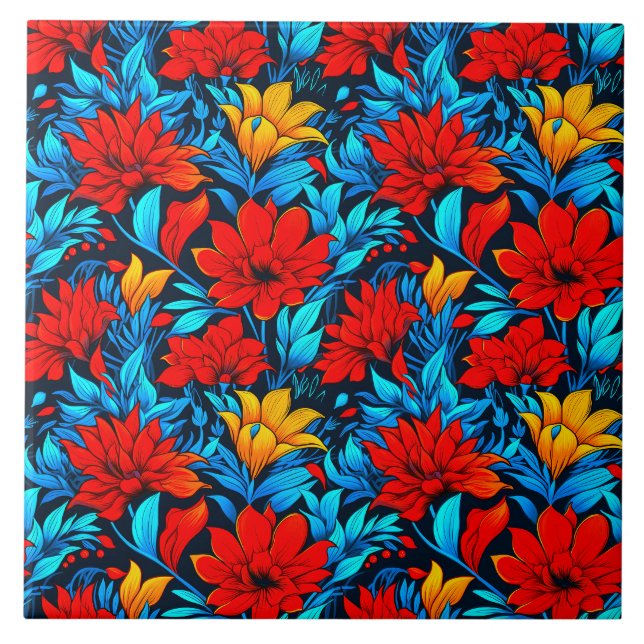 Blommigt Red gula blommor Mönster-13075 Kakelplatta (Framsidan)