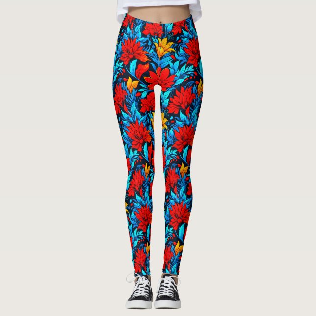 Blommigt Red gula blommor Mönster-13075 Leggings (Framsida)