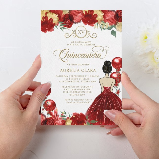 Blommigt Red Guld Princess XV Quinceañera Birthday Inbjudningar (Skapare uppladdad)