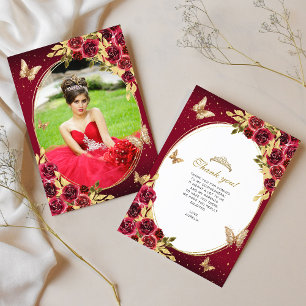 Blommigt Red Guld Tiara Butterfly Photo Quinceañer Tack Kort