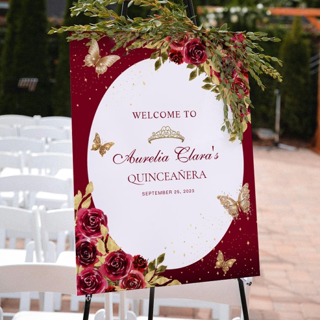 Blommigt Red Guld Tiara Butterfly Quinceañera Poster (Skapare uppladdad)