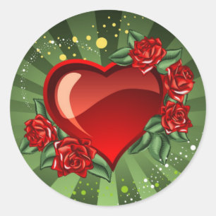 Blommigt Red Hearts & Ro Grönt Rand Bröllop Runt Klistermärke