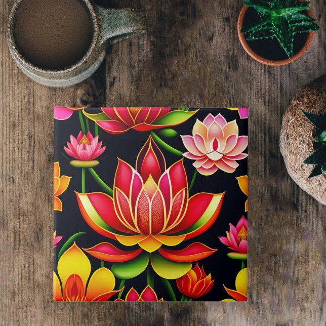 Blommigt Red Lotus Flower Illustration Kakelplatta (Skapare uppladdad)