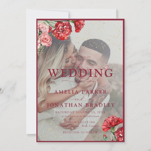 Blommigt Red Marble Script Overlay Bröllop Invati Inbjudningar (Framsida)