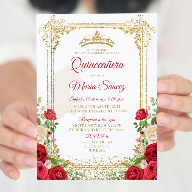 Blommigt Red Mexican Girl Krona Sweet 15:e födelse Inbjudningar (Skapare uppladdad)