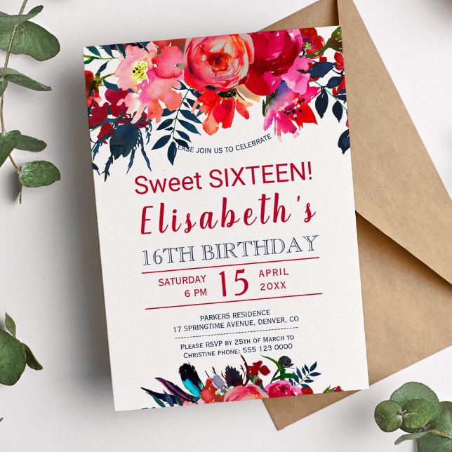 Blommigt Red navy boho peony-blommor sweet sixteen Inbjudningar (Skapare uppladdad)
